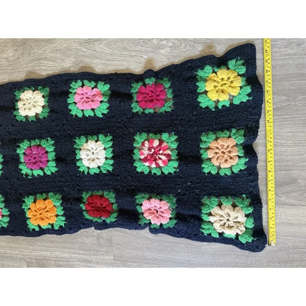 Vintage Handmade Crochet 3D Flower Granny Square Afghan Blanket 36x20